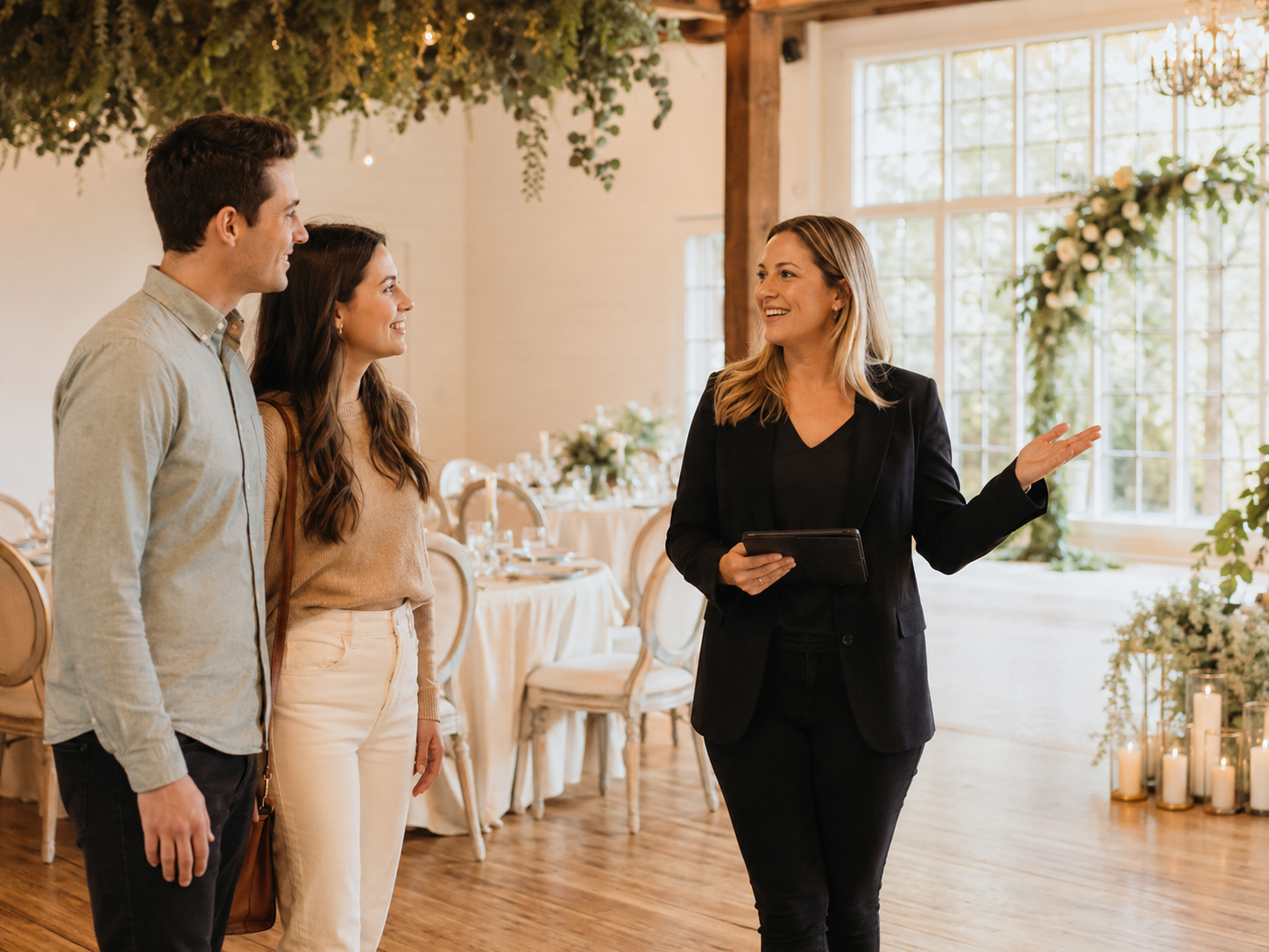 Couple touring a ceremony or reception space with a venue coordinator