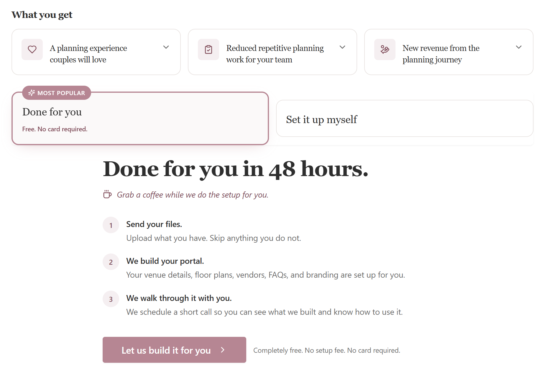 Seated With Love white-glove onboarding for wedding venues showing free done-for-you setup for venue details, floor plans, vendors, FAQs, and branding.
