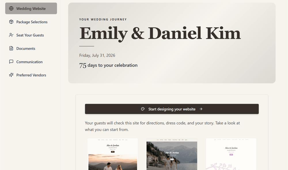 Wedding venue planning portal with wedding website builder, guest management, package selections, and couple planning dashboard