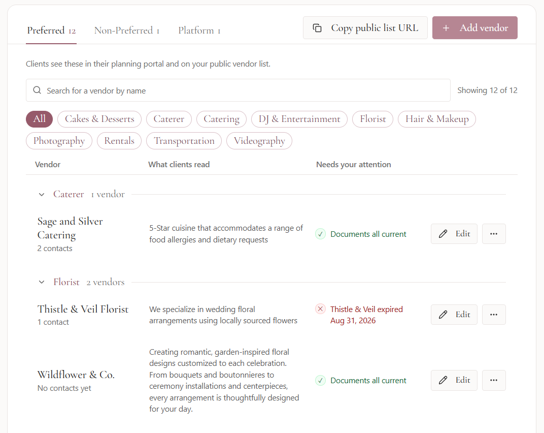 Screenshot of a vendor workflow in Seated With Love showing active and expired vendor paperwork