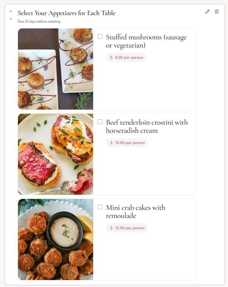 Appetizer options shown in questionnaire section (Seated With Love)