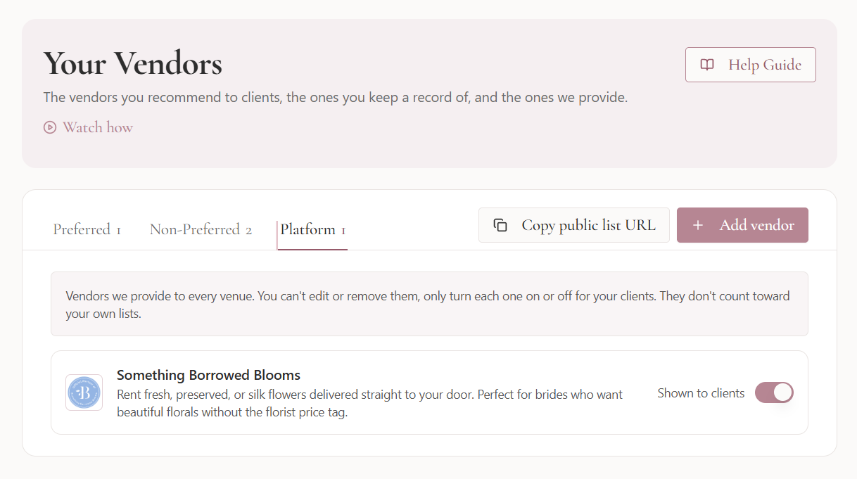 Screenshot showing platform vendor workflow in Seated With Love
