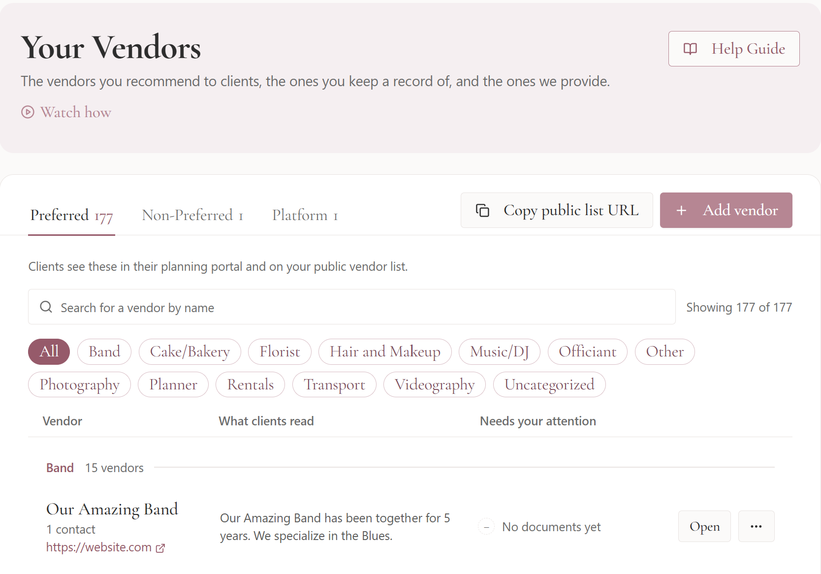 Sort your vendors by category within Seated With Love