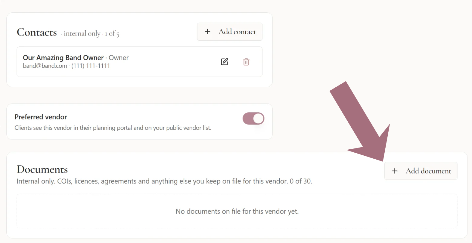 "Add document" button within a vendor record in Seated With Love