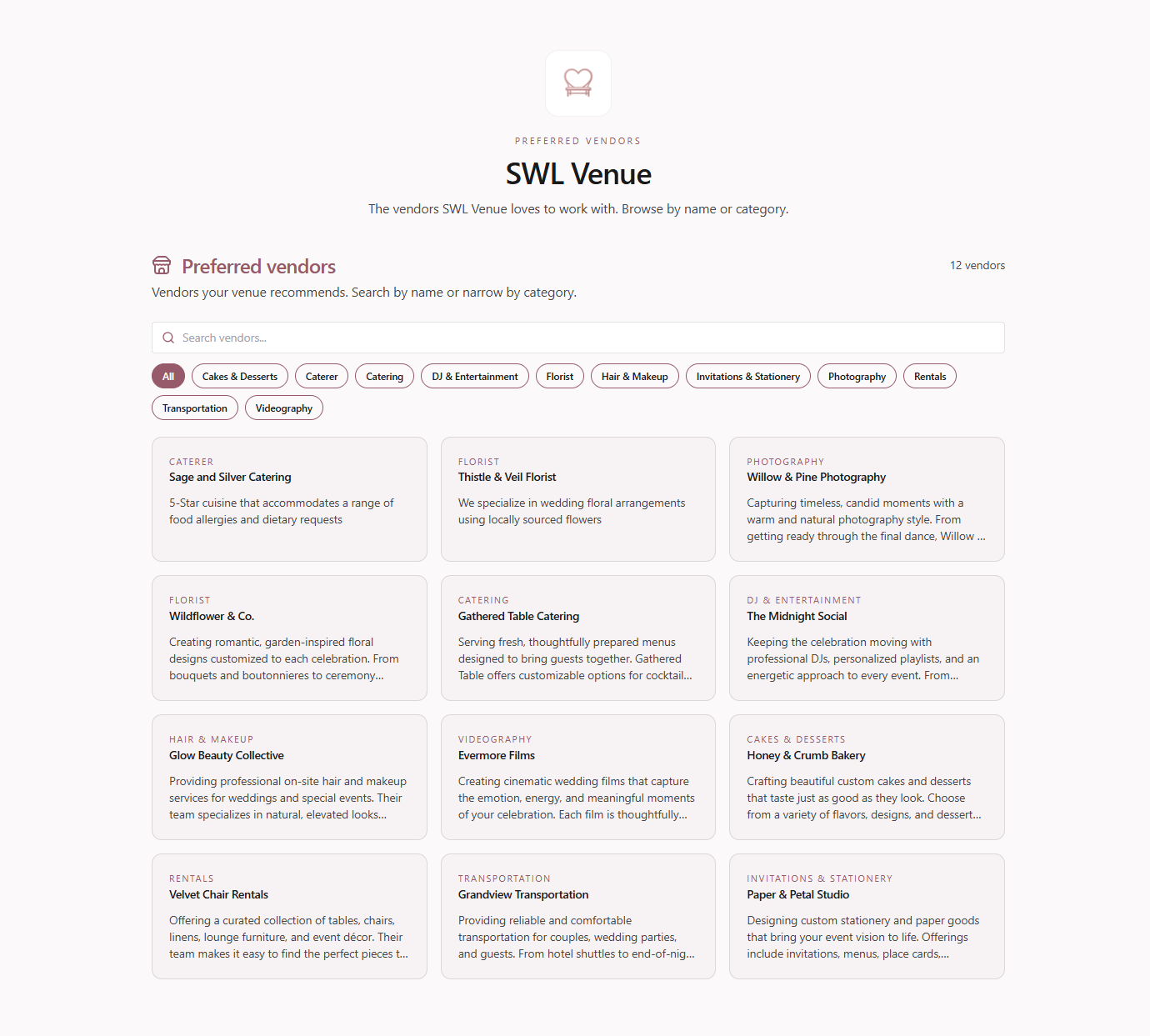 Screenshot of public preferred vendors list on Seated With Love (no sign-in needed)