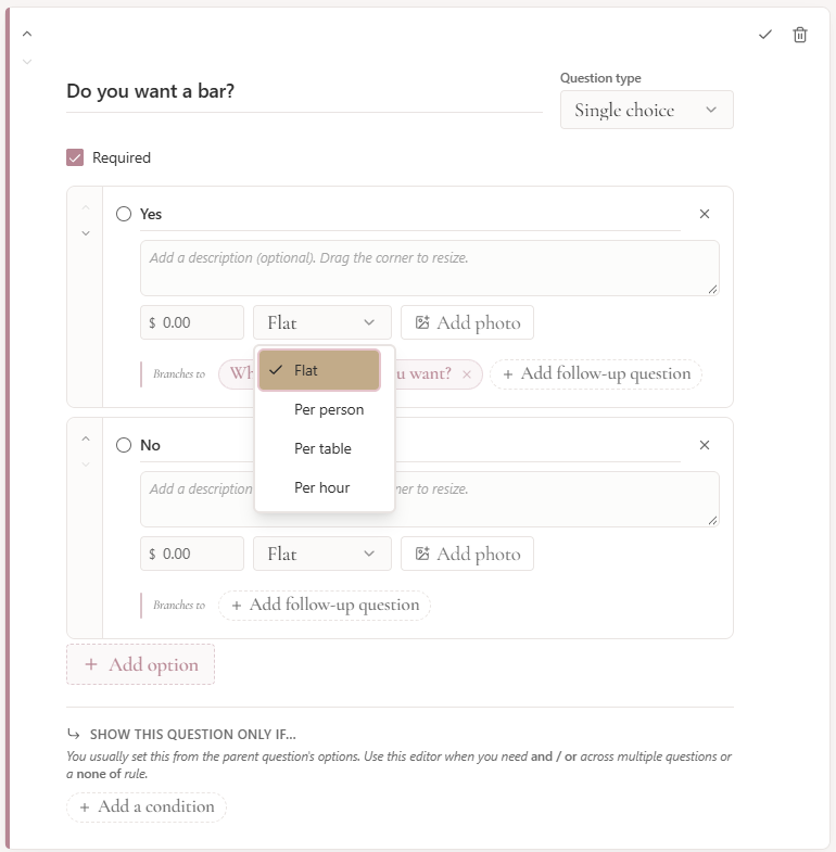 Screenshot showing questionnaire editor with flat, per person, per table, and per hour pricing options