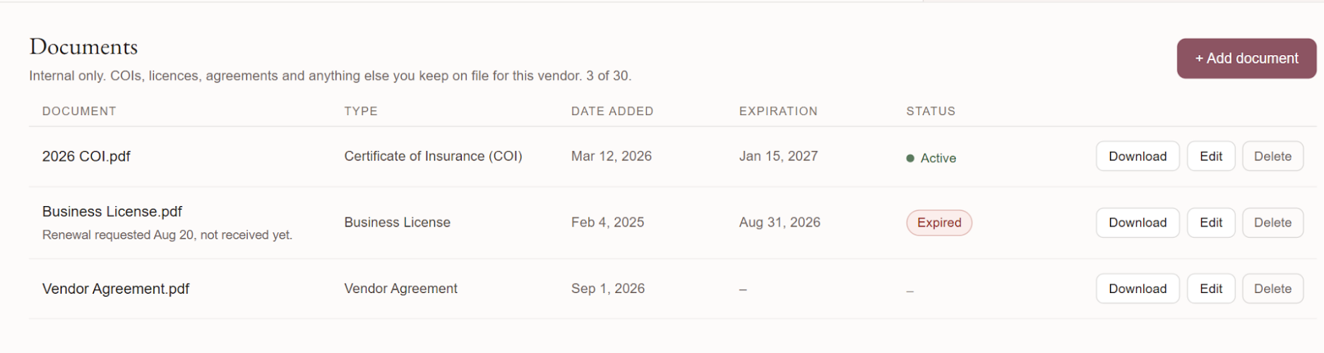 Screenshot showing two documents with different status' in Seated With Love vendor workflow