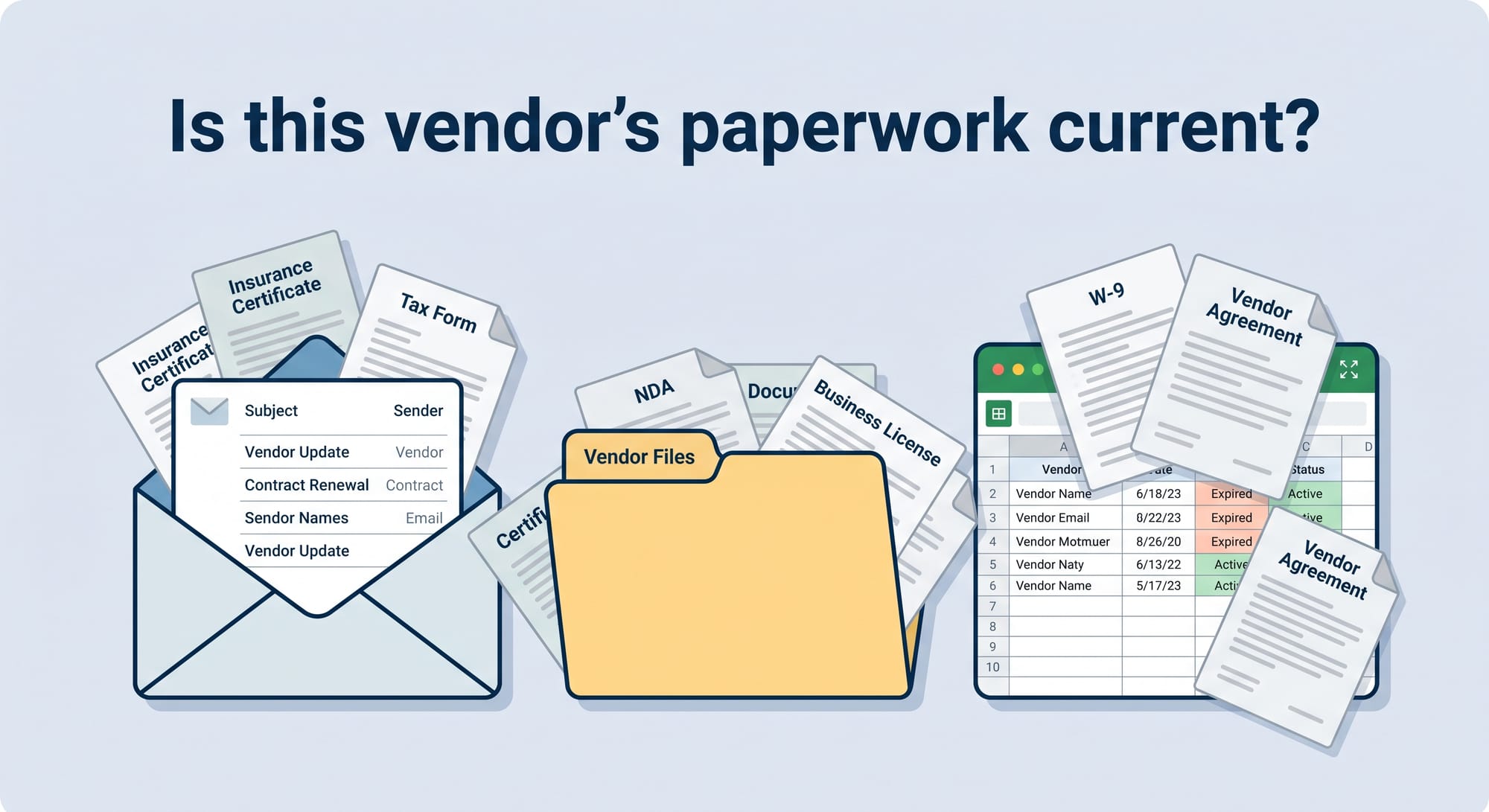 Graphic showing vendor compliance documents, such as W-9, Certificate of Insurance, and Tax forms scattered across different tools and folders