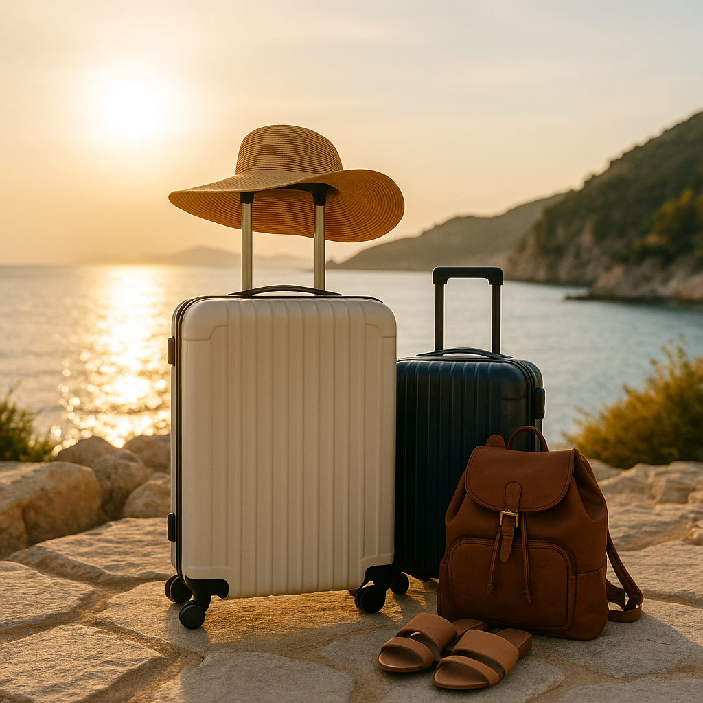 Two suitcases, a sunhat, and a backpack by the sea at sunset, symbolizing a romantic getaway.