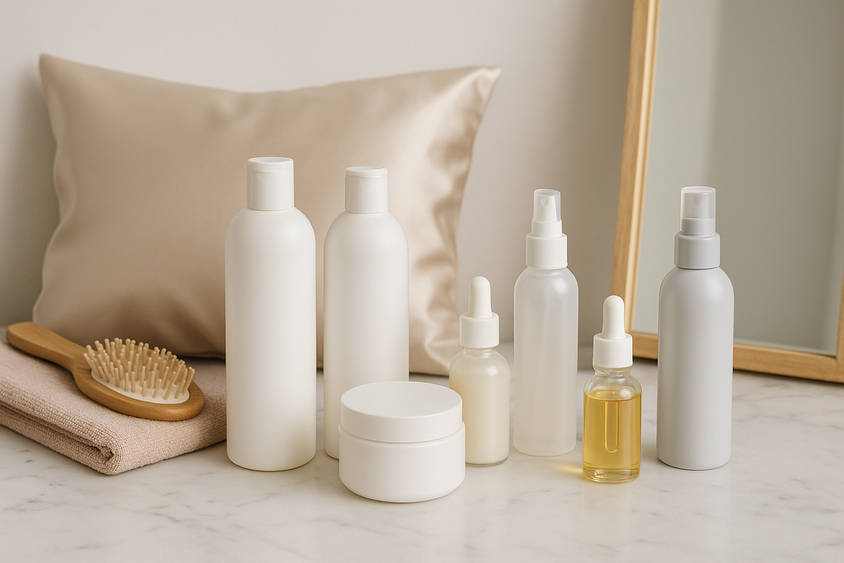 A collection of neutral-toned haircare bottles, serums, and a wooden hairbrush arranged on a marble countertop, with a satin pillowcase and mirror in the background.