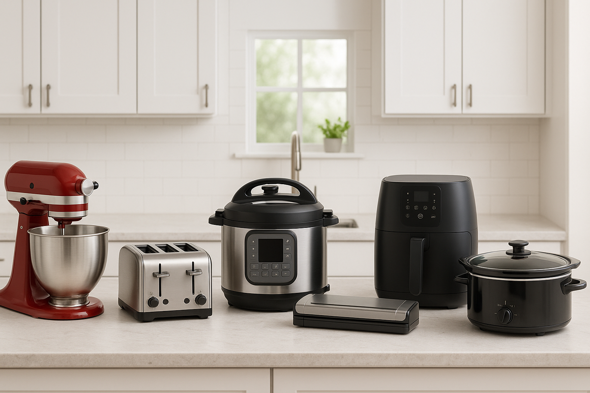 A bright modern kitchen countertop featuring unbranded stand mixer, toaster, pressure cooker, vacuum sealer, air fryer, and slow cooker — all turned off and neatly arranged.
