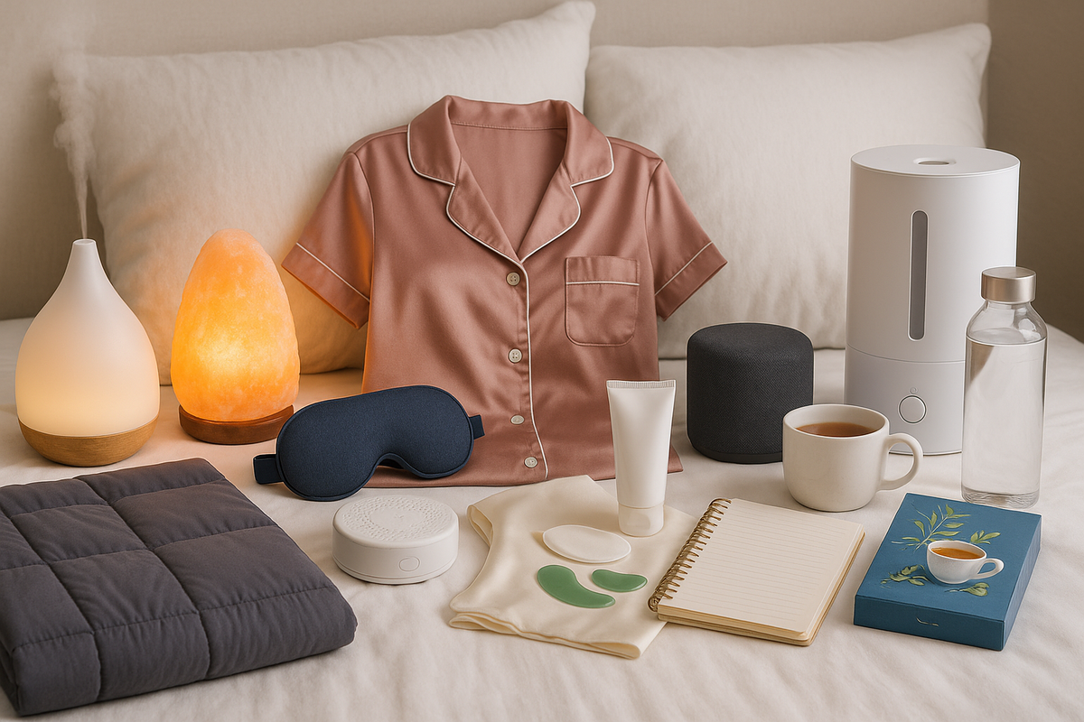 Cozy bridal sleep setup with silk pajamas, diffuser, salt lamp, and bedtime essentials