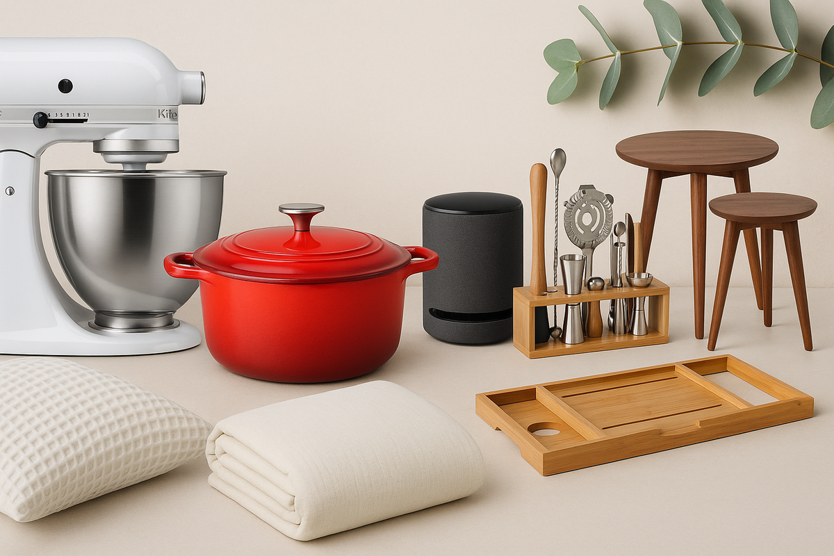 Flat lay of elegant wedding registry items including a stand mixer, Dutch oven, speaker, linens, bar set, tables, and bamboo tray on a beige background with eucalyptus leaves.