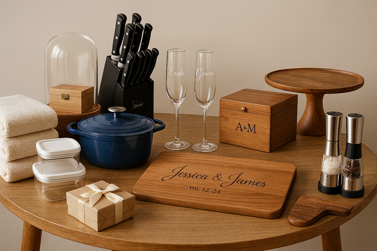 A wedding registry gift setup with towels, a blue Dutch oven, knife set, champagne flutes, and a cutting board engraved “Jessica & James 06.12.24,” arranged on a wooden table.