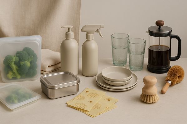 Eco-friendly kitchen essentials including silicone bags, a stainless steel container, recycled glass cups, ceramic dishes, beeswax wraps, and wooden cleaning brushes on a neutral countertop.