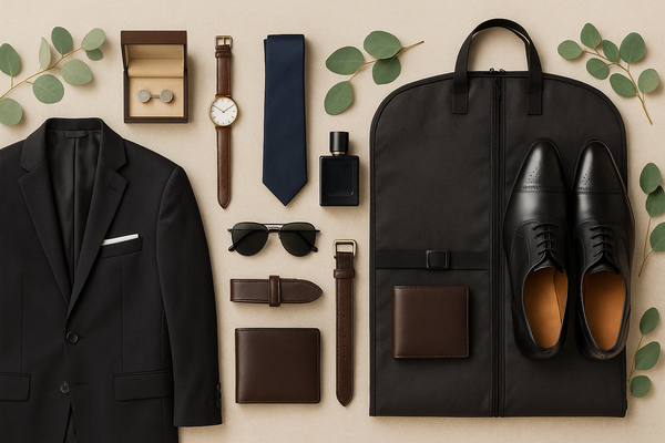 Flat lay of groom essentials on a beige background, including a black suit, leather shoes, tie, watch, cufflinks, cologne, sunglasses, wallet, belt, and garment bag with eucalyptus accents.
