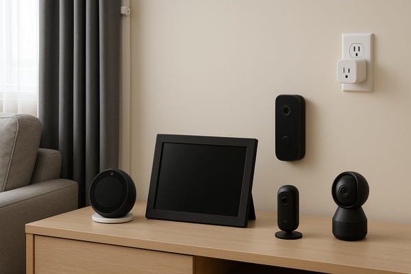 Modern living room with neutral tones featuring powered-off smart devices on a wooden table, including a smart speaker, digital frame, cameras, and a clean white outlet on the wall.