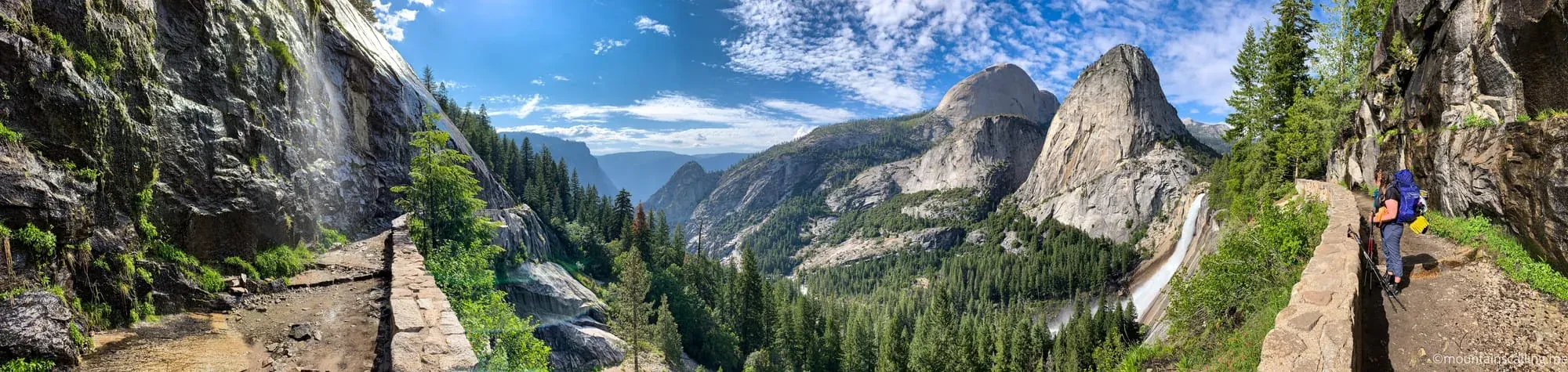 Ice Cut section of John Muir Trail with Nevada Fall, Liberty Cap, and Half Dome visible from descending route