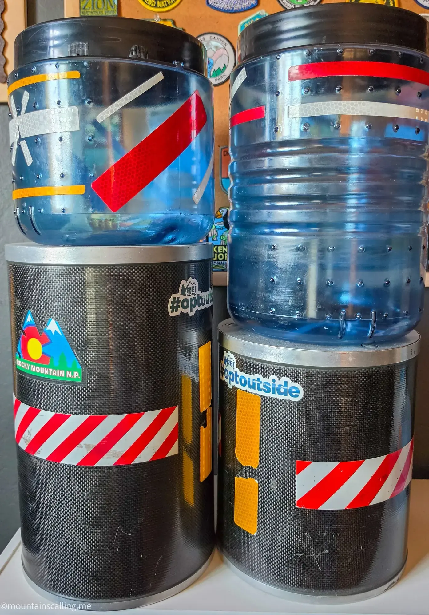 Bear canisters comparison showing Bear Vault BV450 and BV500 models alongside Bearikade Expedition and Weekender