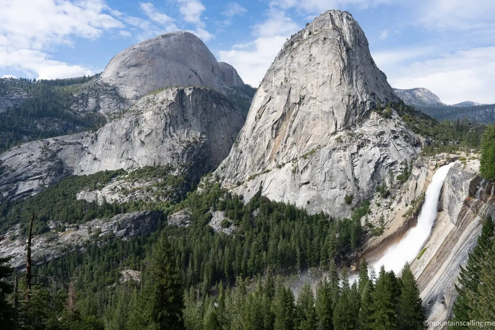 Nevada Fall waterfall with Liberty Cap and Half Dome granite domes from Ice Cut viewpoint on John Muir Trail