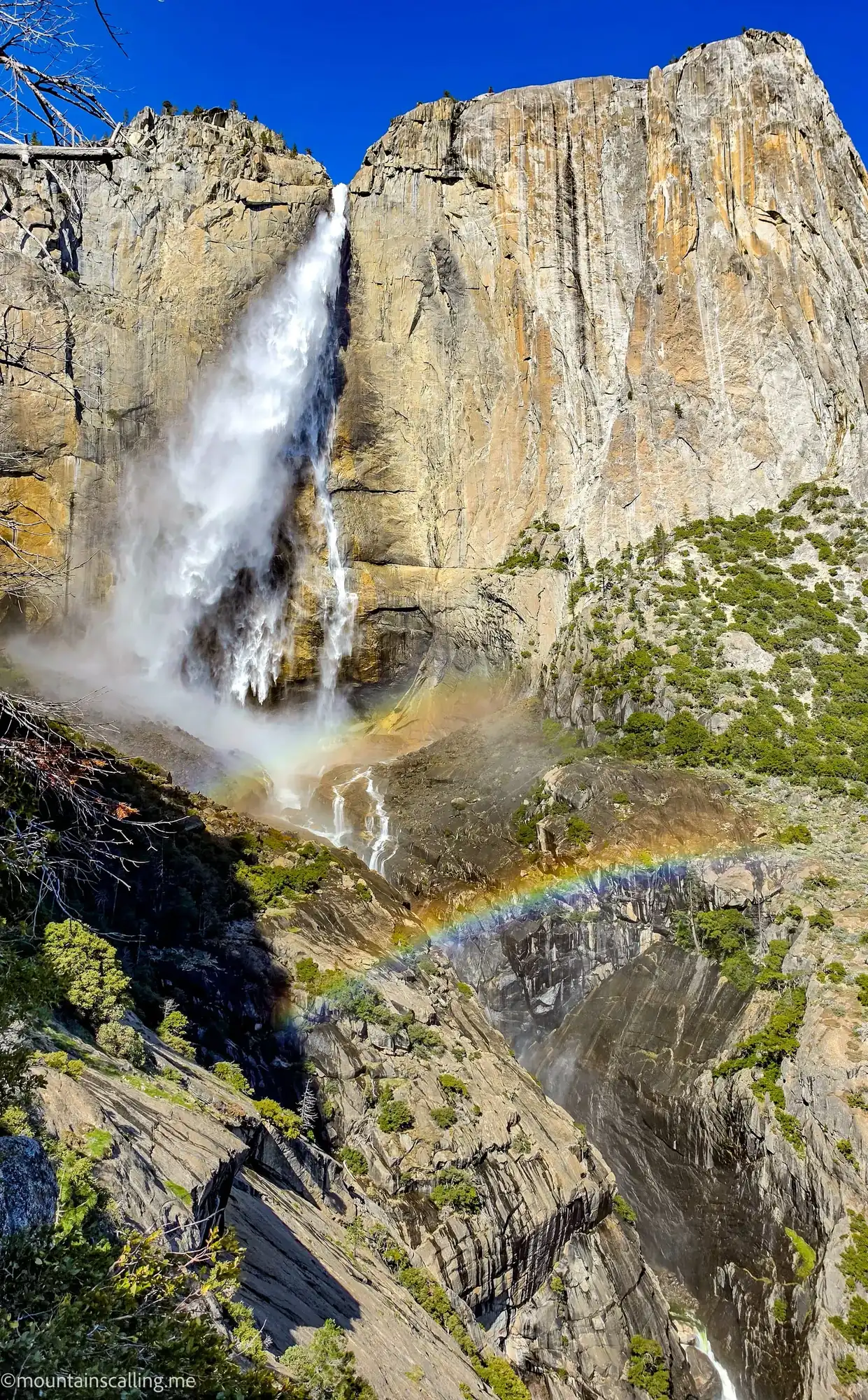 Yosemite Falls with rainbow in mist from OMG Point, showing Upper, Middle and Lower Falls