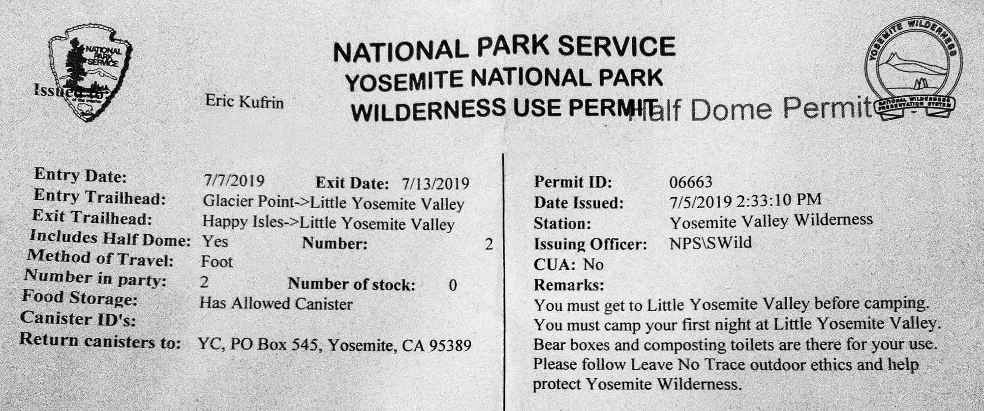 Yosemite wilderness permit showing Half Dome add-on, permit details, dates, and bear canister requirements