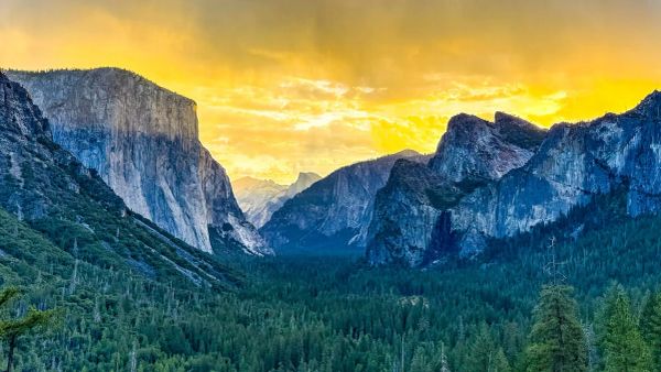 Yosemite Valley at sunrise from Tunnel View showing El Capitan, Bridalveil Fall, and Half Dome under golden sky