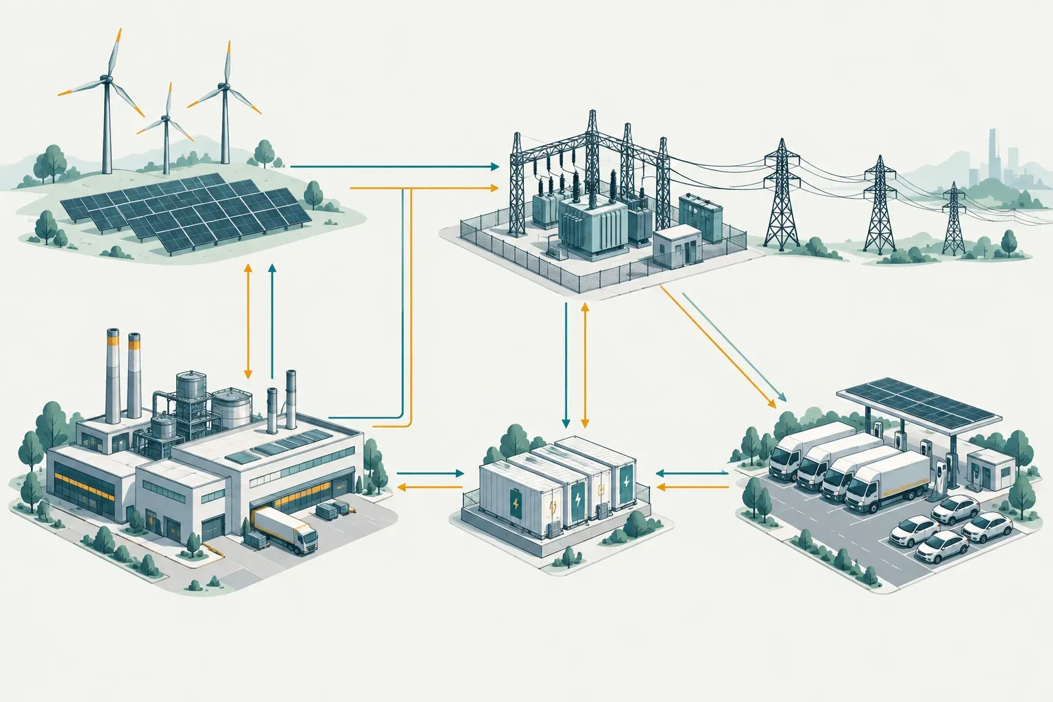 Industrial facility connected to renewable generation, grid infrastructure, battery storage and electric transport