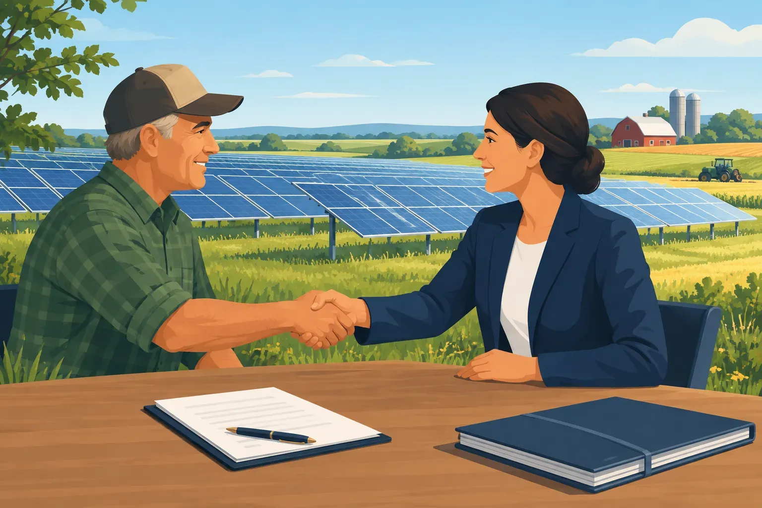 Rural landowner and solar developer discussing a lease beside farmland and a solar array