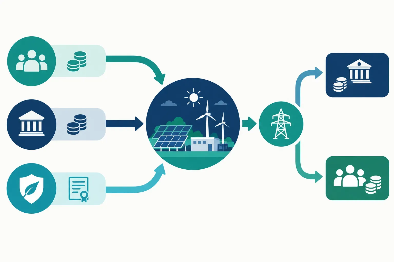 Capital sources flow into a clean energy project, with offtake revenue supporting repayment