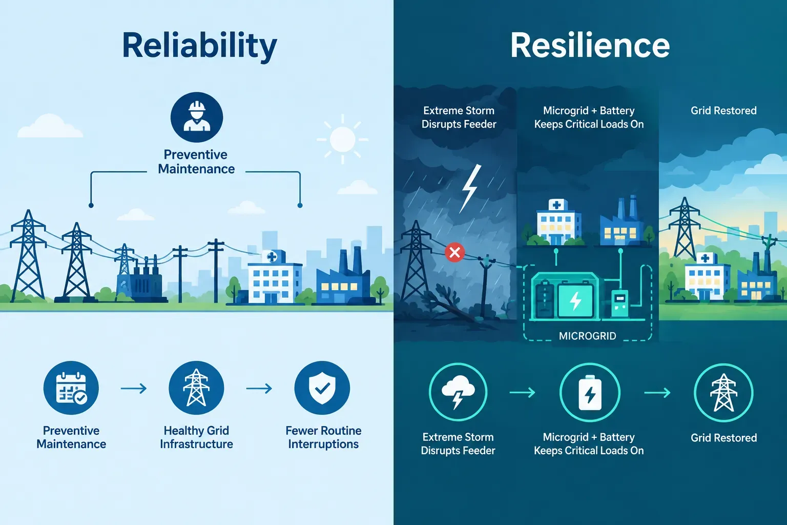 Diagram comparing routine grid reliability with storm-time service from a battery-backed microgrid