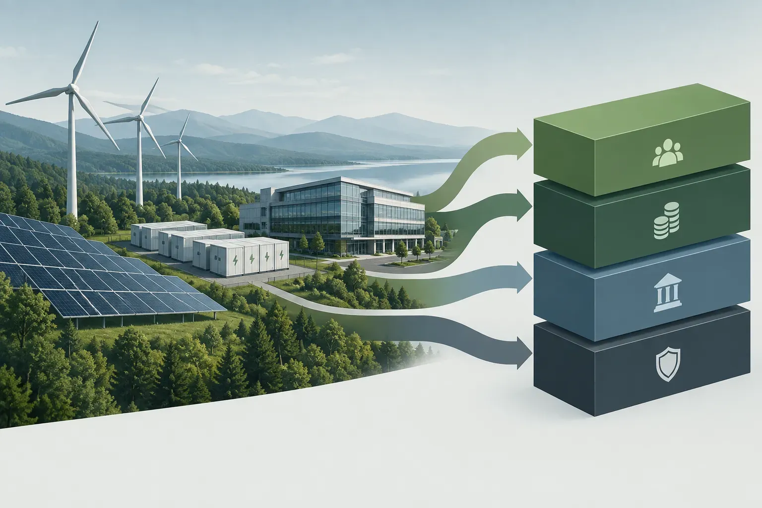 Clean energy assets linked to layers of equity, project debt and public risk-sharing capital