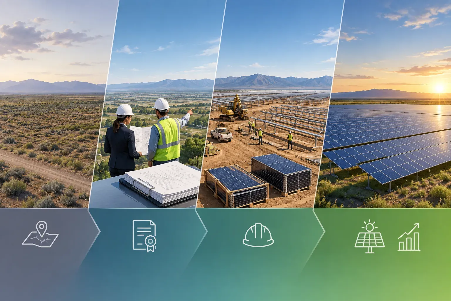 Development, construction and operating stages of a solar project shown as a sequence