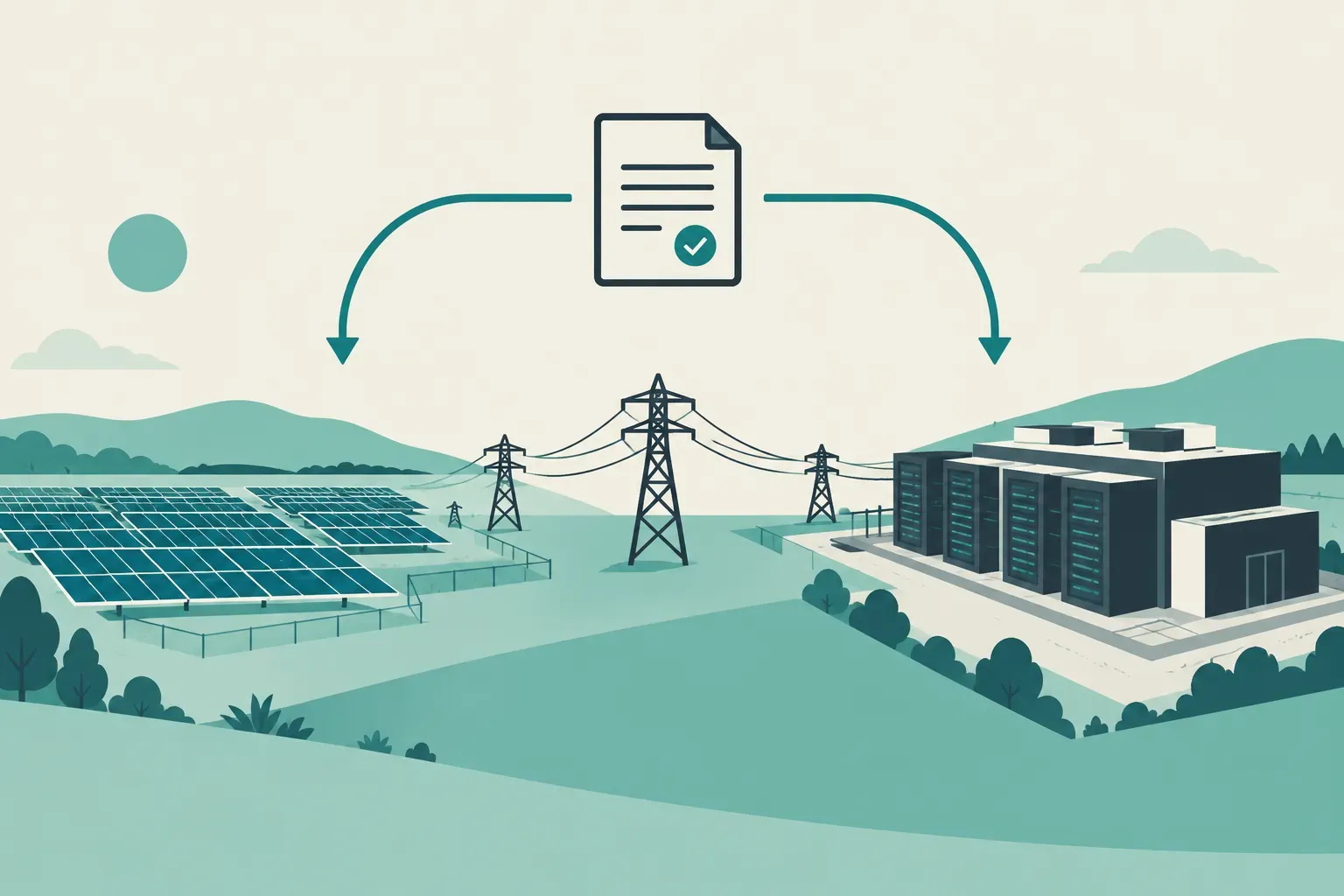 Data center connected to a solar farm through the grid and a power purchase agreement