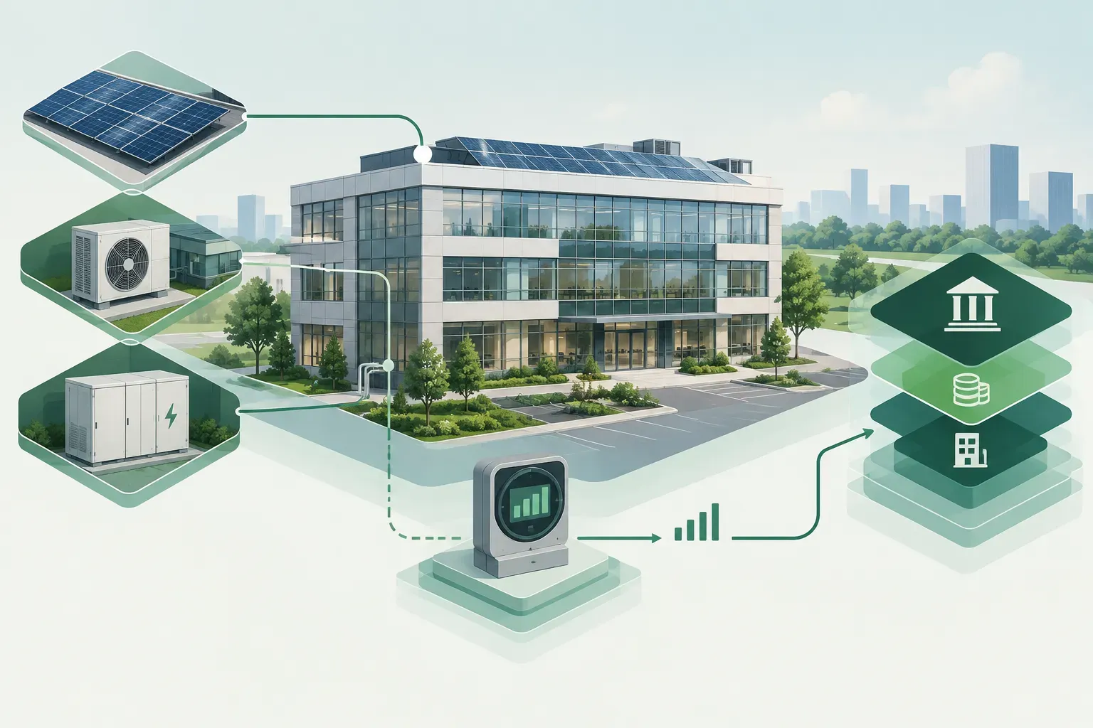 Commercial building with rooftop generation, battery storage and energy efficiency upgrades linked to property financing