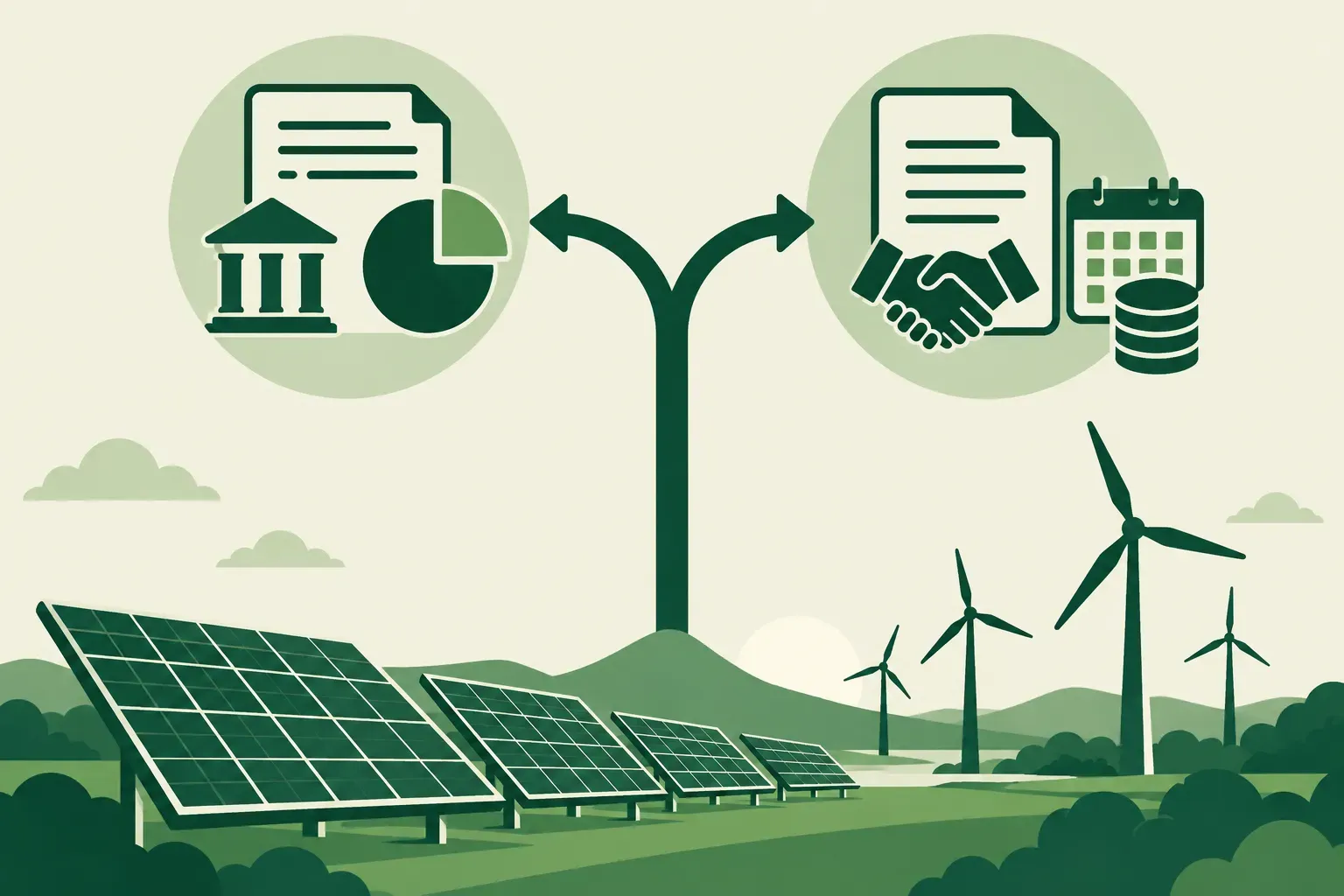 Solar and wind projects with branching paths for tax equity and debt financing
