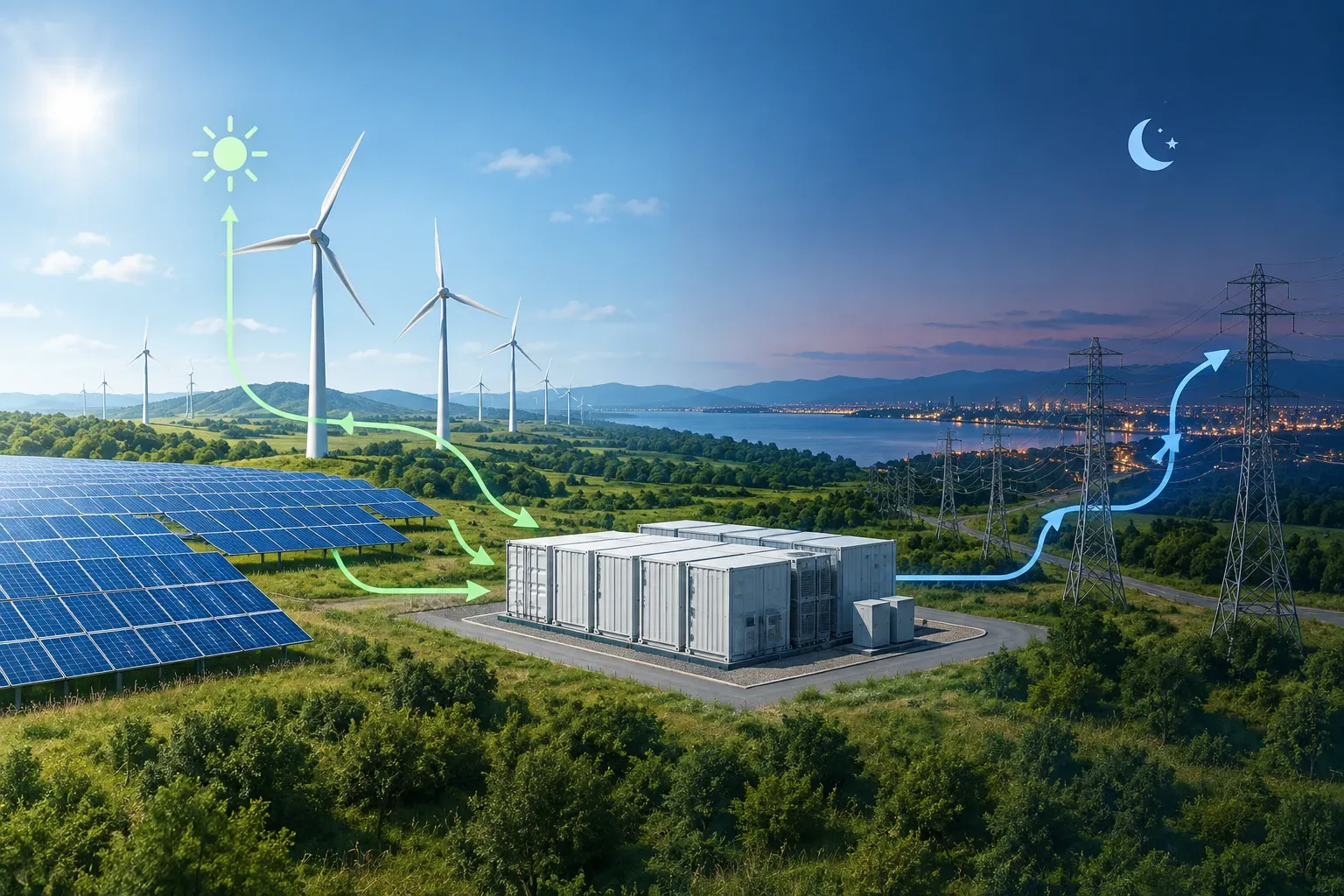 Utility solar and wind generation charging a grid battery for later dispatch