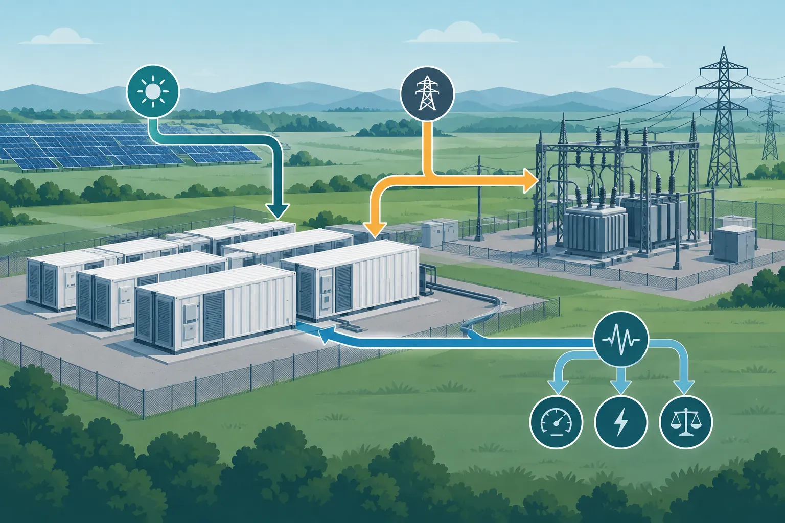 Grid-scale battery charging and discharging between renewable generation and the grid