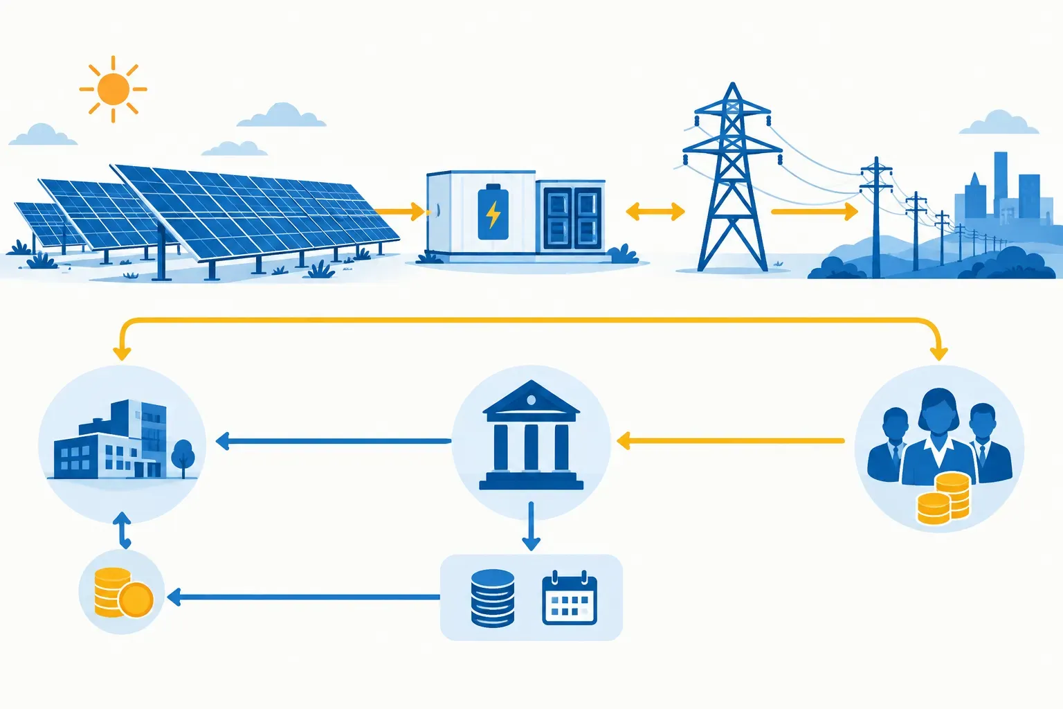 Solar farm, electricity grid and battery linked to buyer payments, debt service and equity cash flow