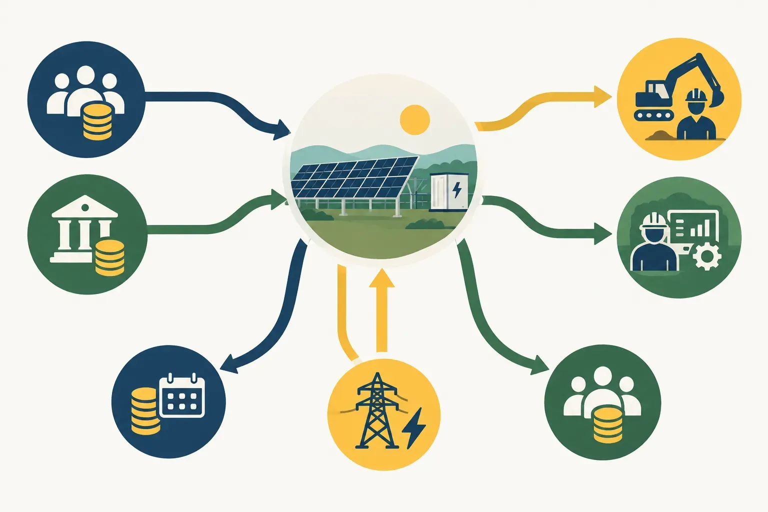 Illustration of capital flowing from investors and lenders into a solar project and revenue flowing back from a power buyer