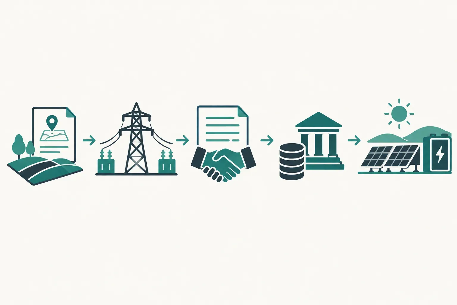 Site rights, grid access, offtake and capital leading to an operating energy project