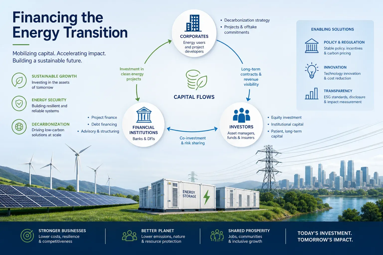 Illustration of corporate energy transition financing and climate infrastructure capital flows