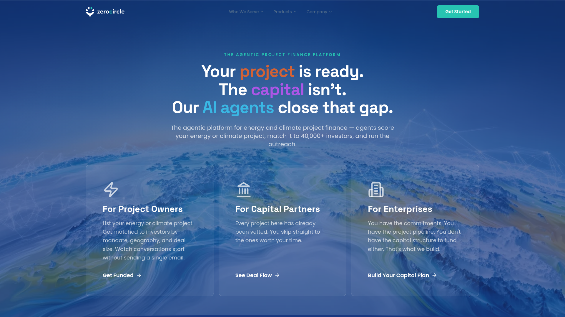 Zero Circle homepage showing its energy and climate finance platform