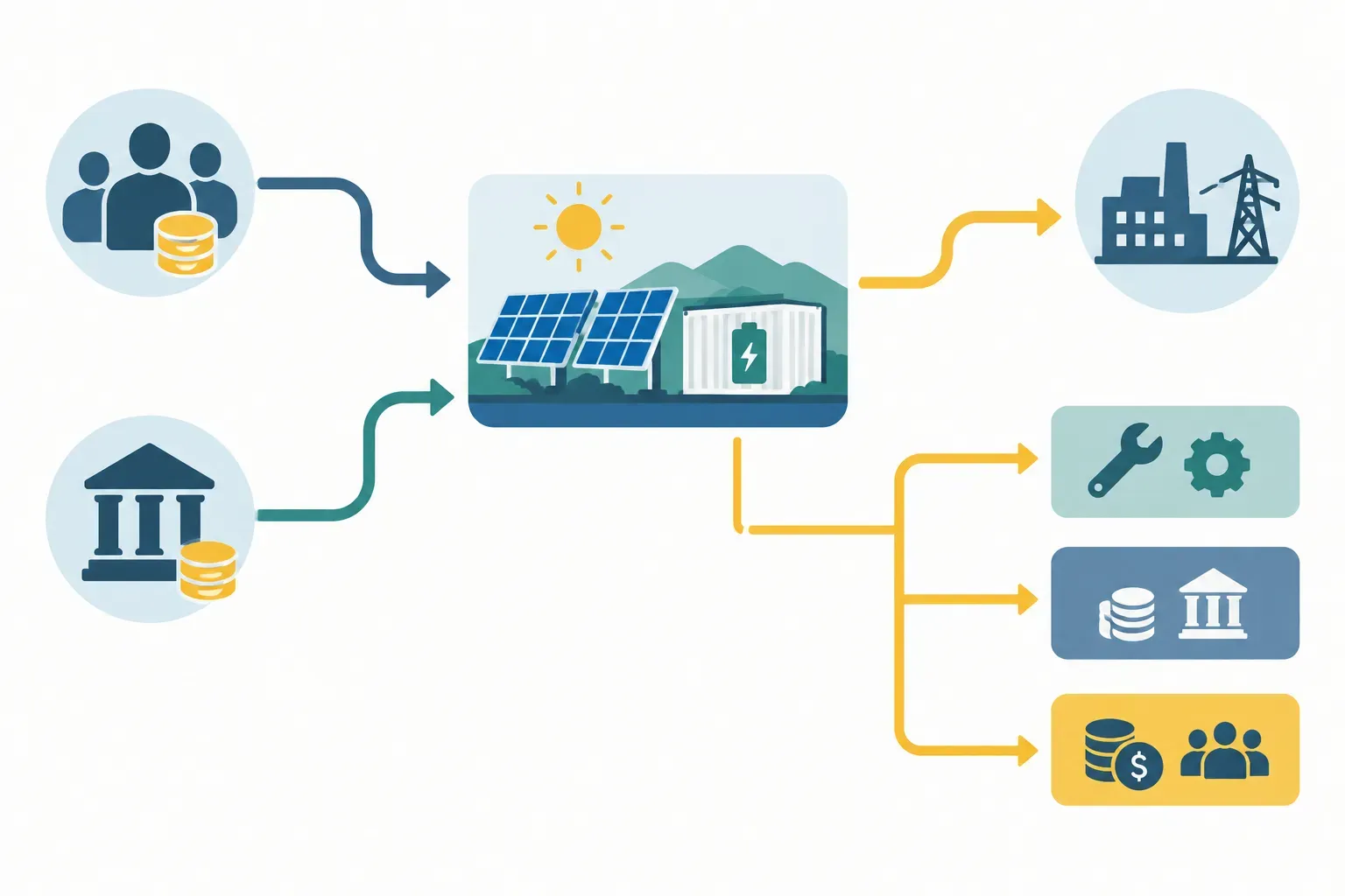 Capital flowing from equity and lenders into a solar and storage project company, then from revenue toward costs, debt and investors