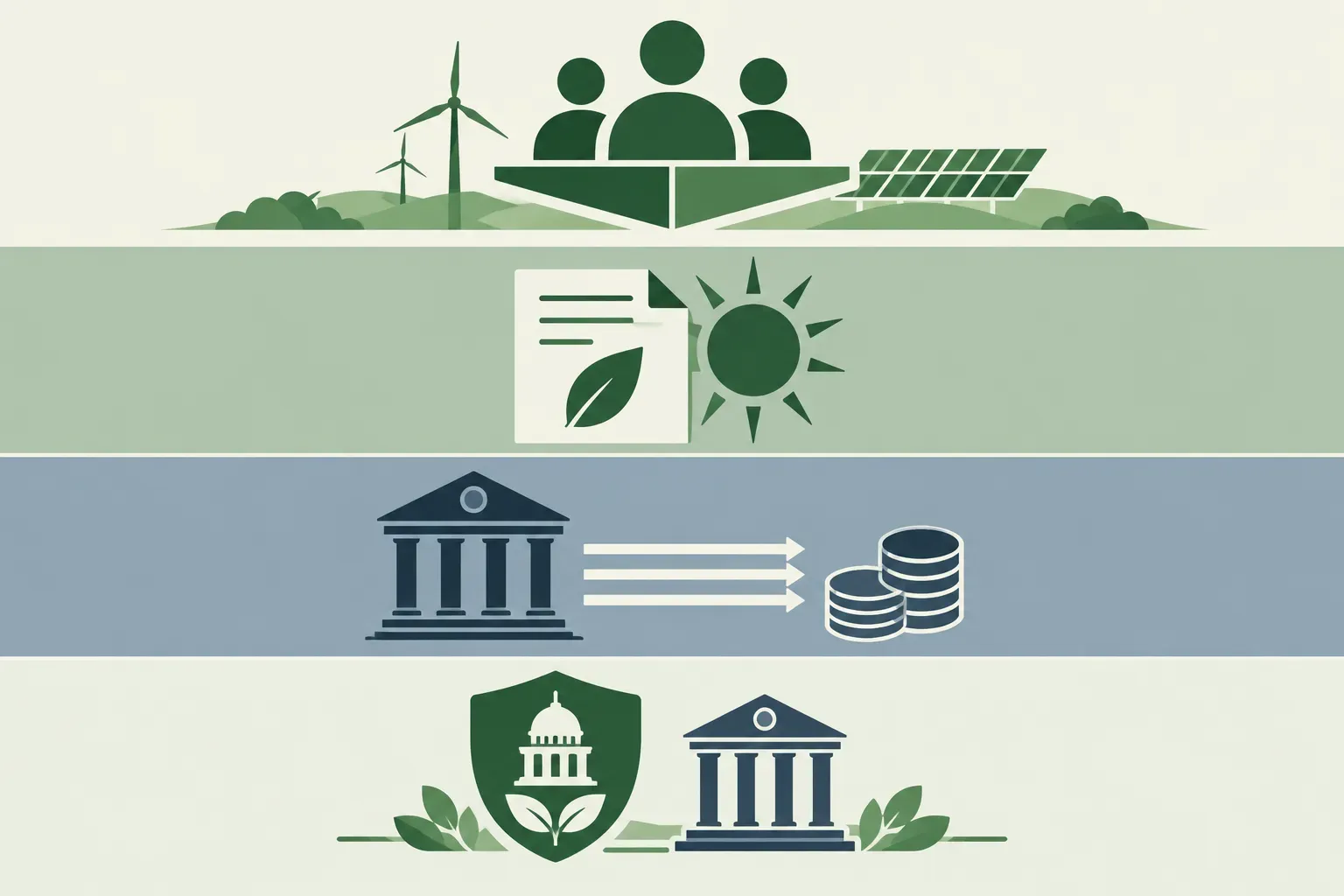 Illustration of sponsor equity, tax equity, commercial debt and green-bank credit support in an energy project financing stack