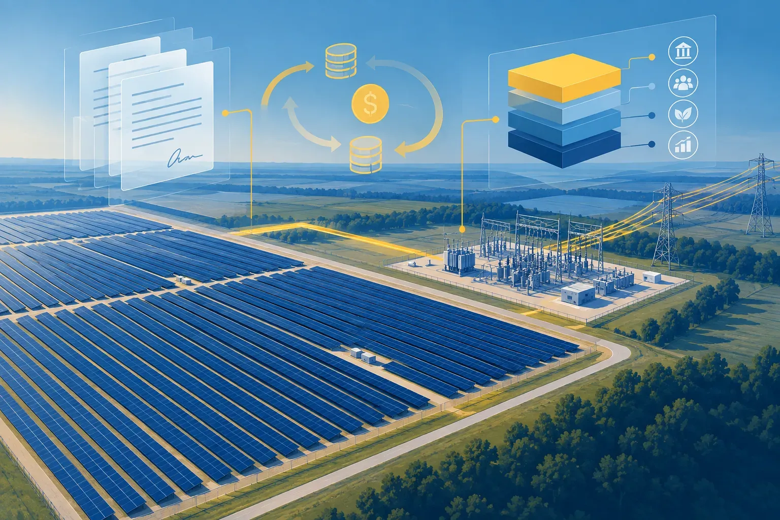 Solar array connected to the grid with layers representing contracts and project capital