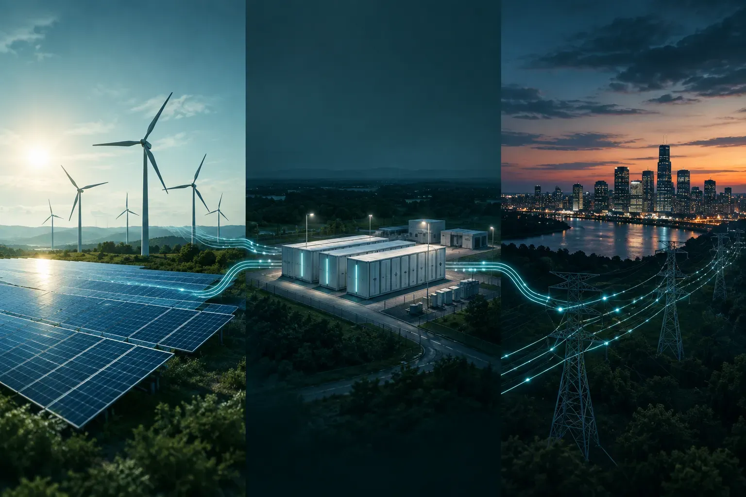 Power flows from renewable generation through grid batteries toward evening demand