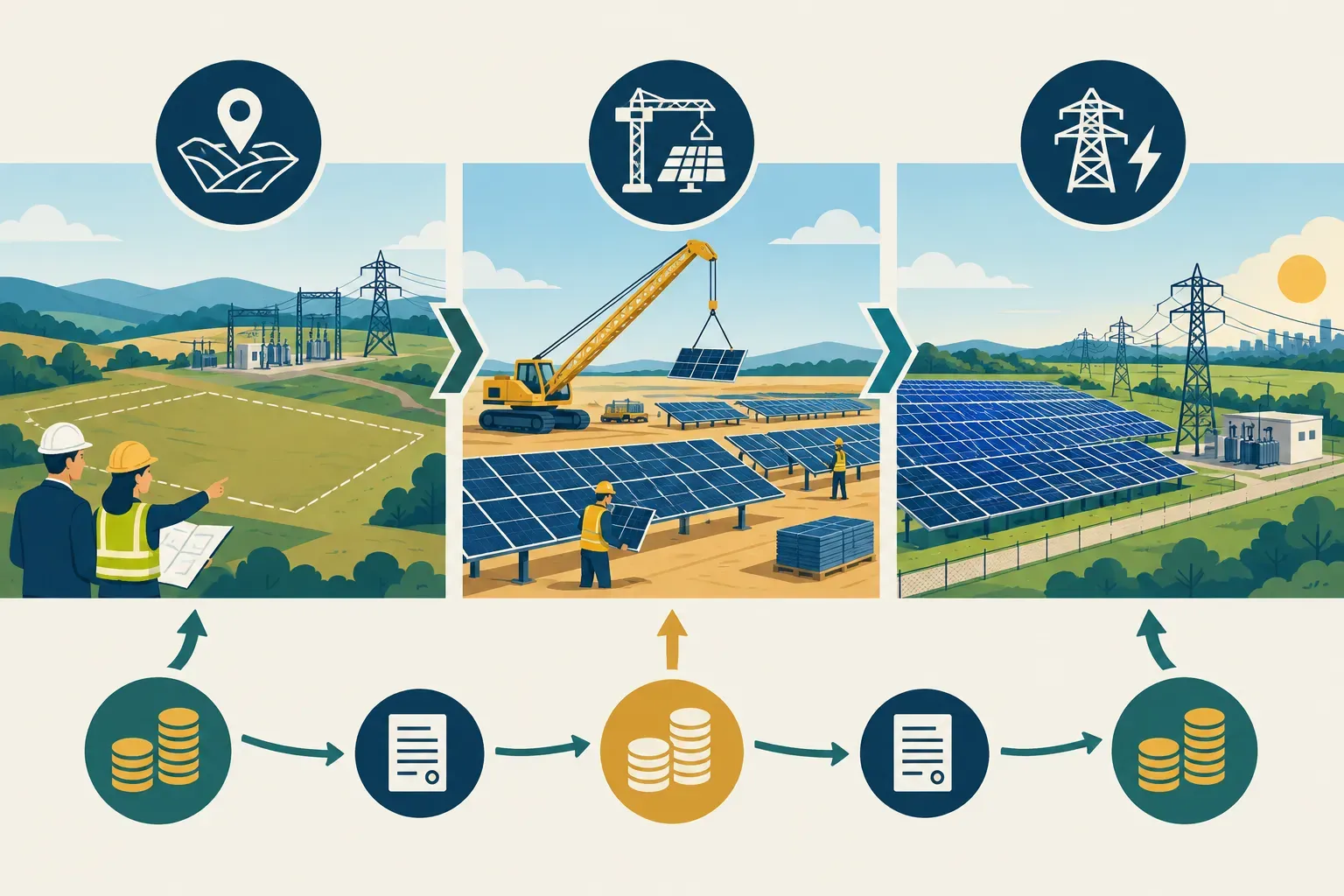 Development, construction and operation stages of a solar farm, showing when project costs and financing needs arise