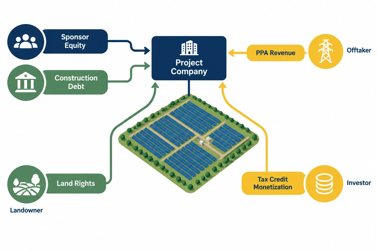 Illustration of equity and debt funding a solar project company, with PPA revenue, land rights and tax-credit value feeding the capital stack