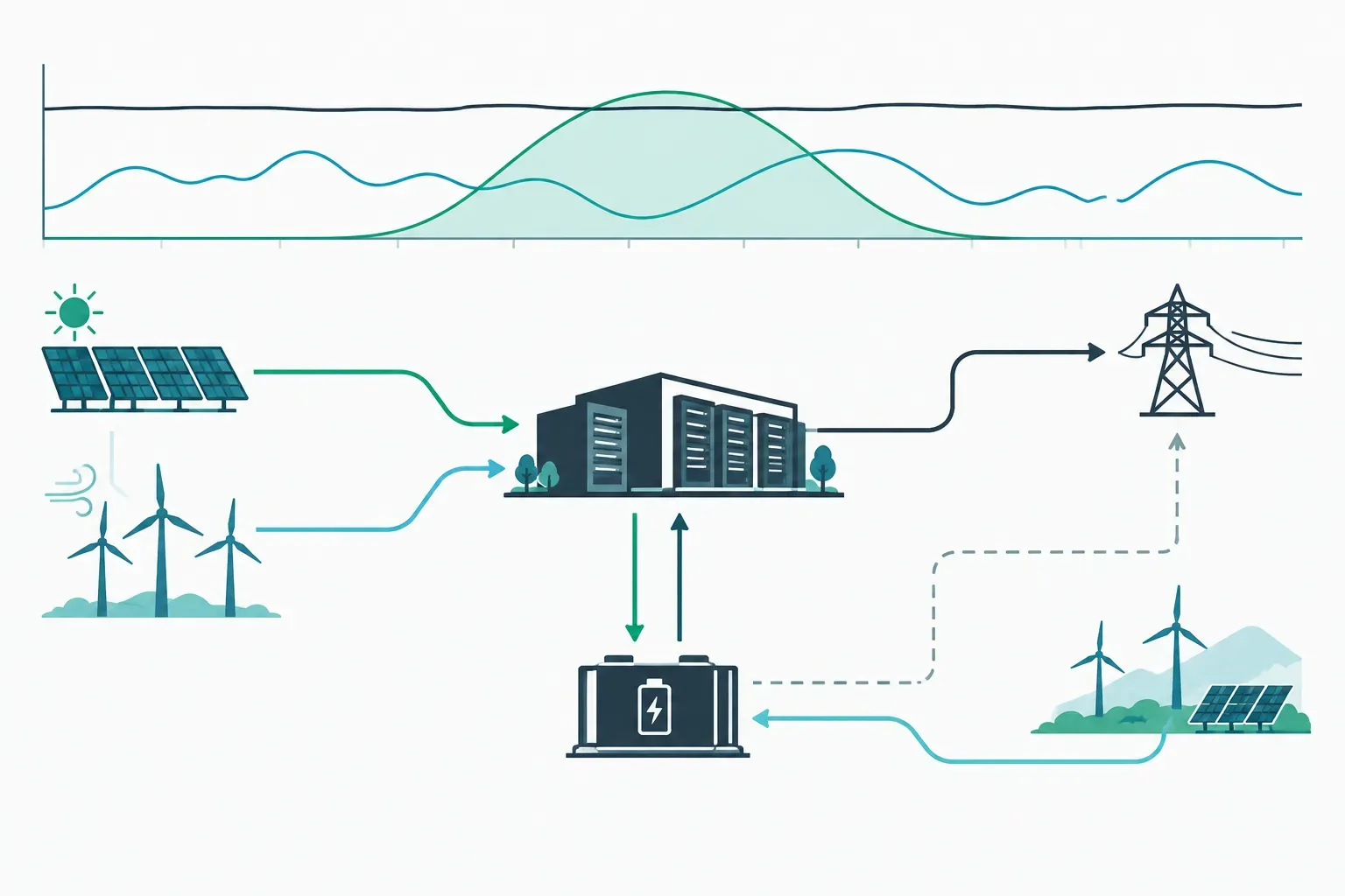 Hourly data center demand alongside solar and wind output, battery dispatch and grid supply